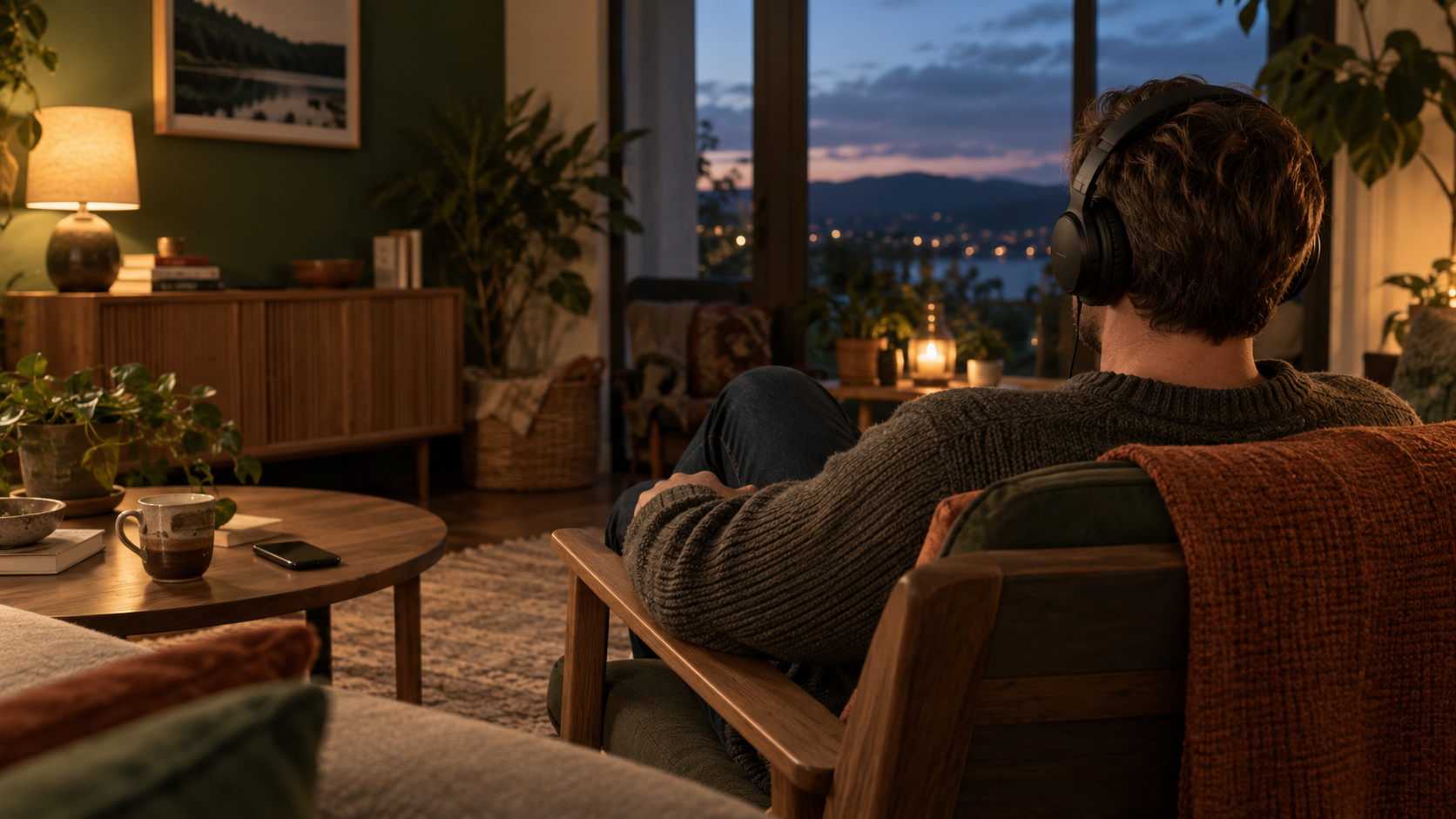 Une personne écoute son hypnose audio sur mesure dans un cadre calme