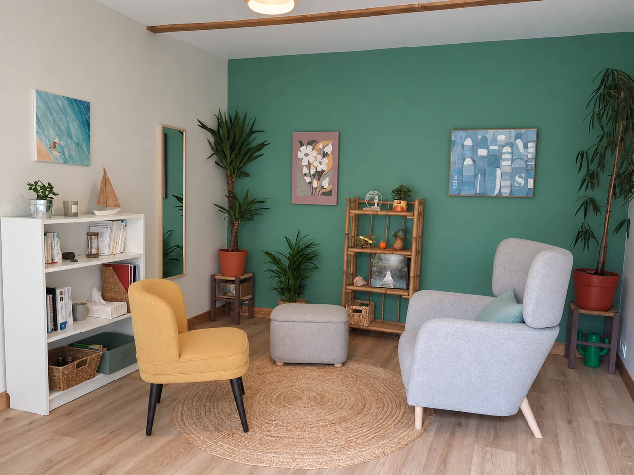 Le cabinet réel : fauteuil jaune, fauteuil gris, plantes et mur vert